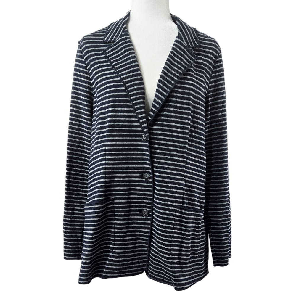 J. Jill Navy Blue Gray Stripe Sweater 3 Button Blazer Pockets Comfy Nautical